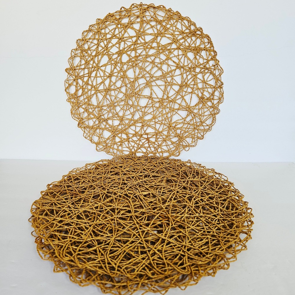 Vintage Round Woven Paper Straw Placemats Set of 4 Natural Tan Boho Table Decor
